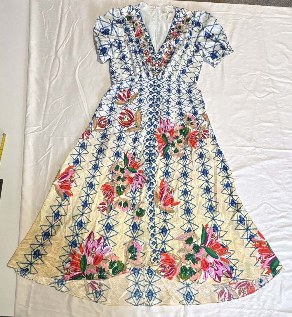 SALONI Lea Long Dress Blue White Floral Silk Midi Dress